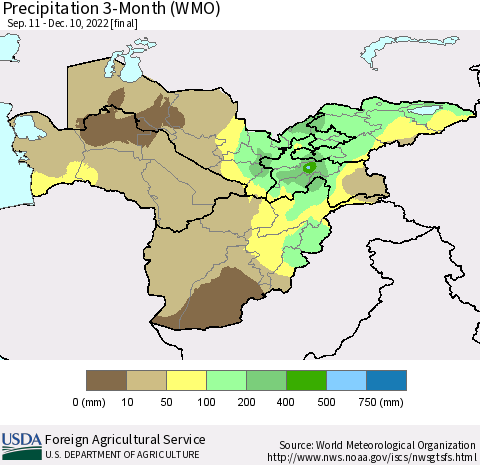 Central Asia Precipitation 3-Month (WMO) Thematic Map For 9/11/2022 - 12/10/2022