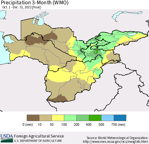 Central Asia Precipitation 3-Month (WMO) Thematic Map For 10/1/2022 - 12/31/2022