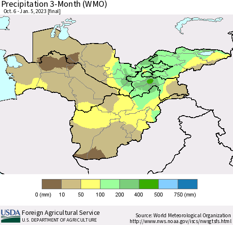 Central Asia Precipitation 3-Month (WMO) Thematic Map For 10/6/2022 - 1/5/2023
