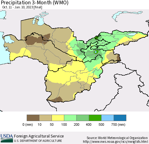 Central Asia Precipitation 3-Month (WMO) Thematic Map For 10/11/2022 - 1/10/2023