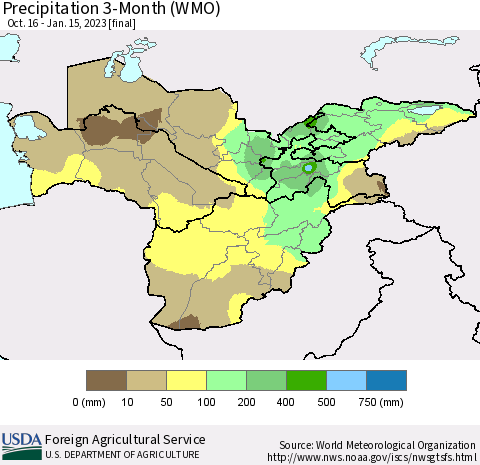 Central Asia Precipitation 3-Month (WMO) Thematic Map For 10/16/2022 - 1/15/2023