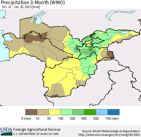 Central Asia Precipitation 3-Month (WMO) Thematic Map For 10/21/2022 - 1/20/2023