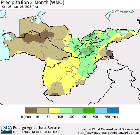 Central Asia Precipitation 3-Month (WMO) Thematic Map For 10/26/2022 - 1/25/2023