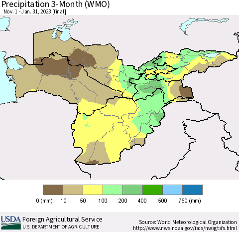Central Asia Precipitation 3-Month (WMO) Thematic Map For 11/1/2022 - 1/31/2023