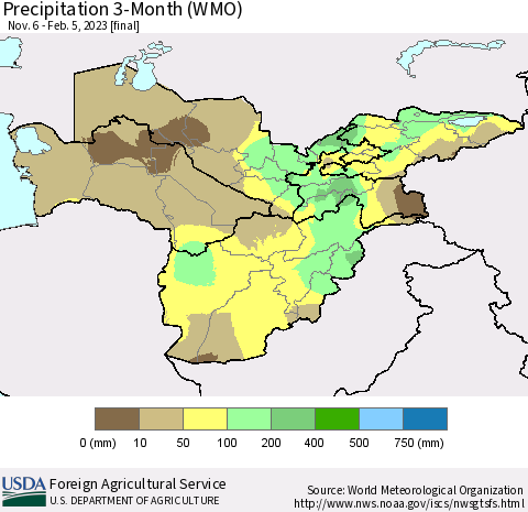 Central Asia Precipitation 3-Month (WMO) Thematic Map For 11/6/2022 - 2/5/2023
