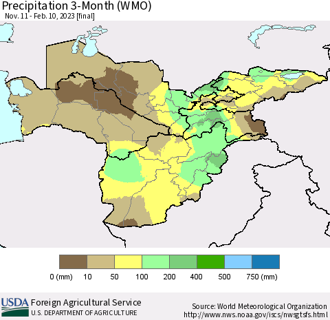 Central Asia Precipitation 3-Month (WMO) Thematic Map For 11/11/2022 - 2/10/2023