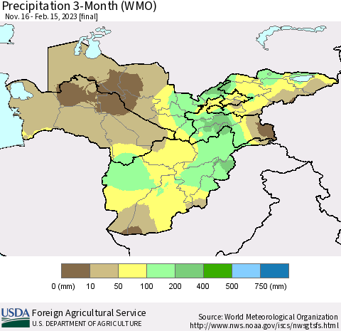 Central Asia Precipitation 3-Month (WMO) Thematic Map For 11/16/2022 - 2/15/2023