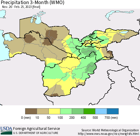 Central Asia Precipitation 3-Month (WMO) Thematic Map For 11/26/2022 - 2/25/2023