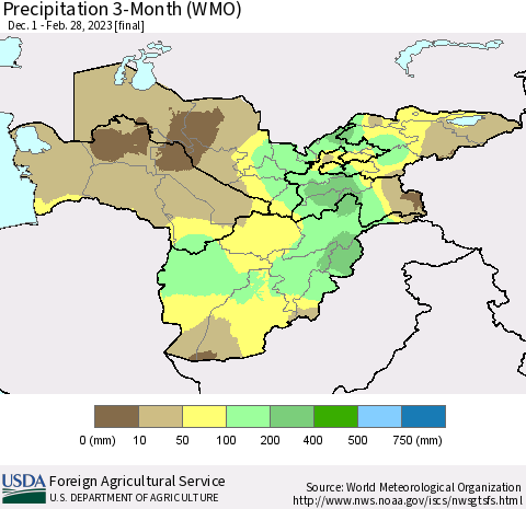 Central Asia Precipitation 3-Month (WMO) Thematic Map For 12/1/2022 - 2/28/2023