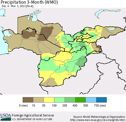 Central Asia Precipitation 3-Month (WMO) Thematic Map For 12/6/2022 - 3/5/2023