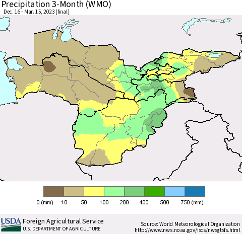 Central Asia Precipitation 3-Month (WMO) Thematic Map For 12/16/2022 - 3/15/2023