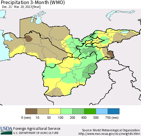 Central Asia Precipitation 3-Month (WMO) Thematic Map For 12/21/2022 - 3/20/2023