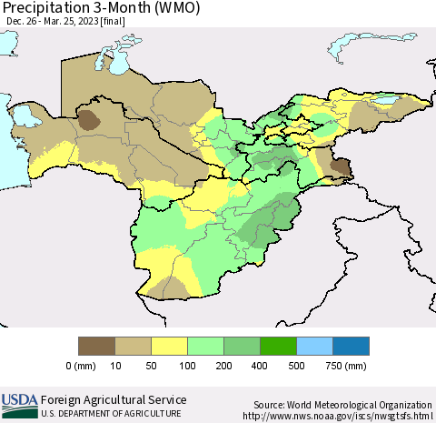 Central Asia Precipitation 3-Month (WMO) Thematic Map For 12/26/2022 - 3/25/2023