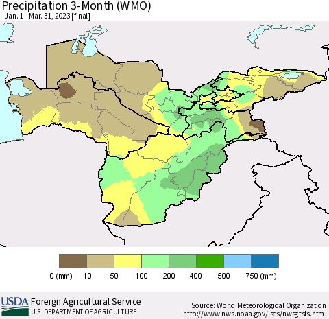 Central Asia Precipitation 3-Month (WMO) Thematic Map For 1/1/2023 - 3/31/2023