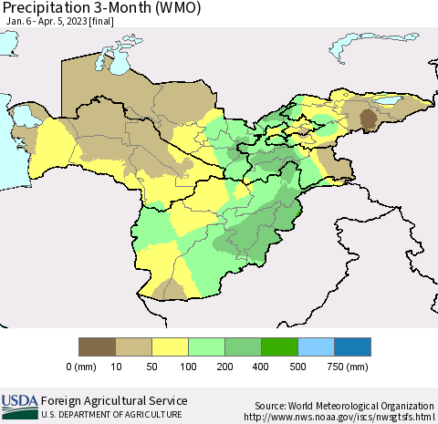 Central Asia Precipitation 3-Month (WMO) Thematic Map For 1/6/2023 - 4/5/2023