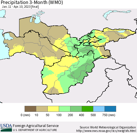 Central Asia Precipitation 3-Month (WMO) Thematic Map For 1/11/2023 - 4/10/2023