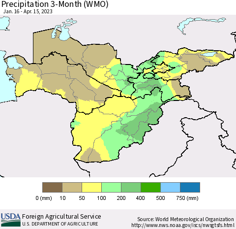 Central Asia Precipitation 3-Month (WMO) Thematic Map For 1/16/2023 - 4/15/2023