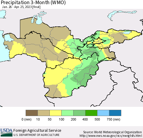 Central Asia Precipitation 3-Month (WMO) Thematic Map For 1/26/2023 - 4/25/2023