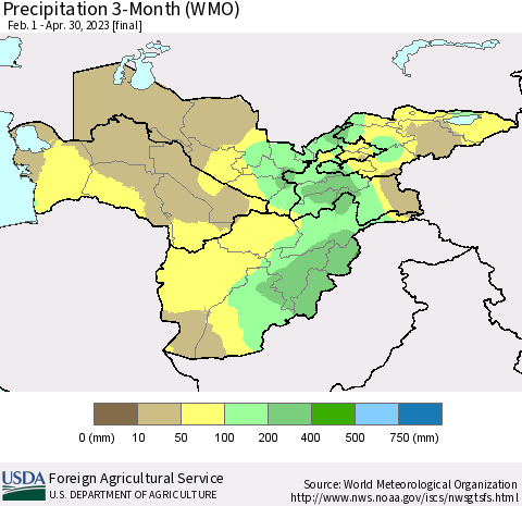 Central Asia Precipitation 3-Month (WMO) Thematic Map For 2/1/2023 - 4/30/2023