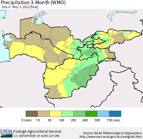 Central Asia Precipitation 3-Month (WMO) Thematic Map For 2/6/2023 - 5/5/2023