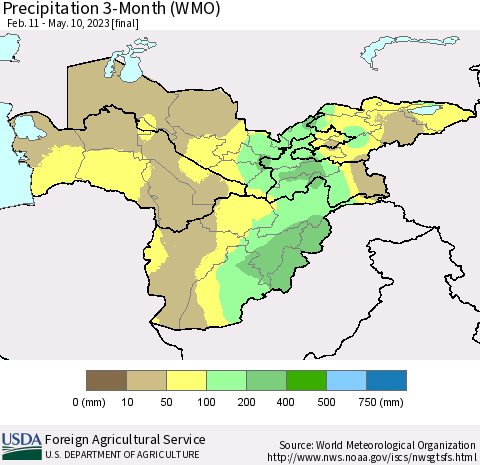 Central Asia Precipitation 3-Month (WMO) Thematic Map For 2/11/2023 - 5/10/2023