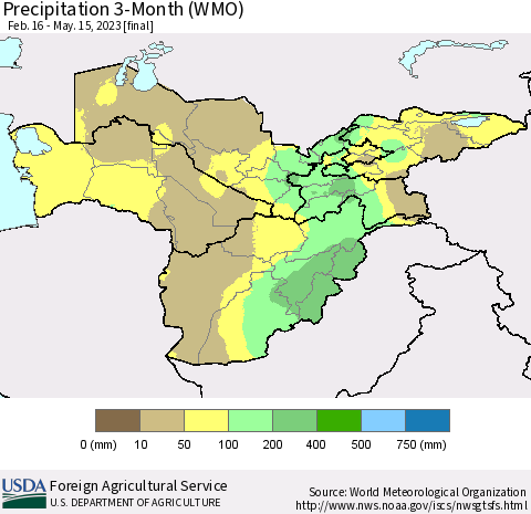 Central Asia Precipitation 3-Month (WMO) Thematic Map For 2/16/2023 - 5/15/2023