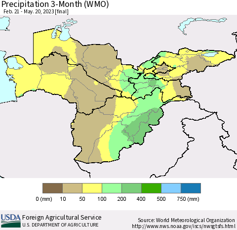 Central Asia Precipitation 3-Month (WMO) Thematic Map For 2/21/2023 - 5/20/2023
