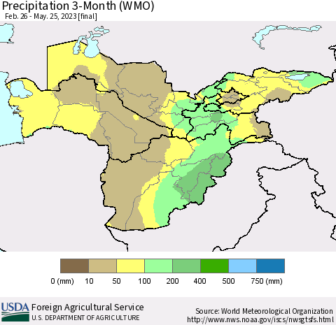 Central Asia Precipitation 3-Month (WMO) Thematic Map For 2/26/2023 - 5/25/2023