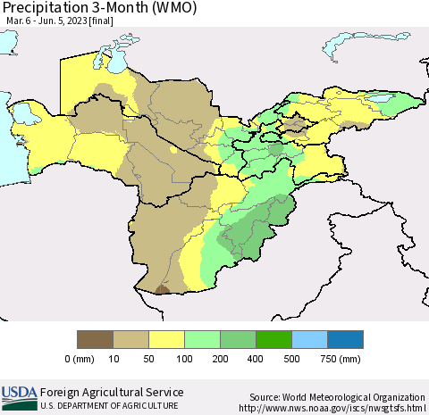 Central Asia Precipitation 3-Month (WMO) Thematic Map For 3/6/2023 - 6/5/2023