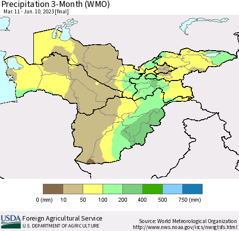 Central Asia Precipitation 3-Month (WMO) Thematic Map For 3/11/2023 - 6/10/2023