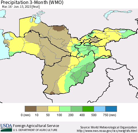 Central Asia Precipitation 3-Month (WMO) Thematic Map For 3/16/2023 - 6/15/2023