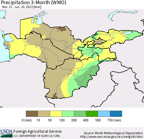 Central Asia Precipitation 3-Month (WMO) Thematic Map For 3/21/2023 - 6/20/2023
