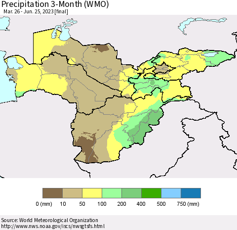 Central Asia Precipitation 3-Month (WMO) Thematic Map For 3/26/2023 - 6/25/2023