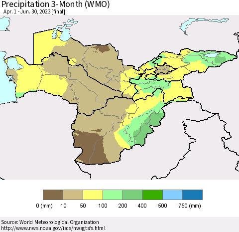 Central Asia Precipitation 3-Month (WMO) Thematic Map For 4/1/2023 - 6/30/2023