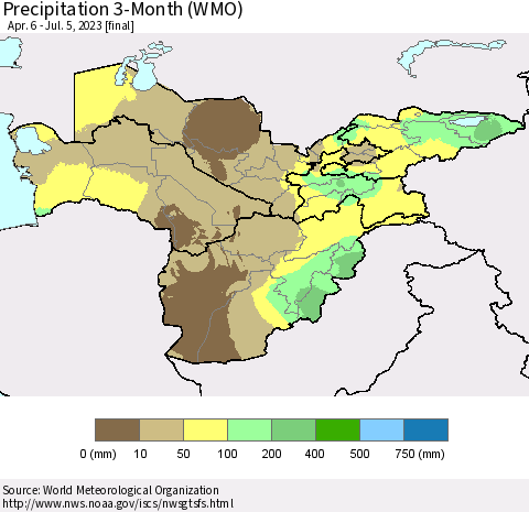 Central Asia Precipitation 3-Month (WMO) Thematic Map For 4/6/2023 - 7/5/2023