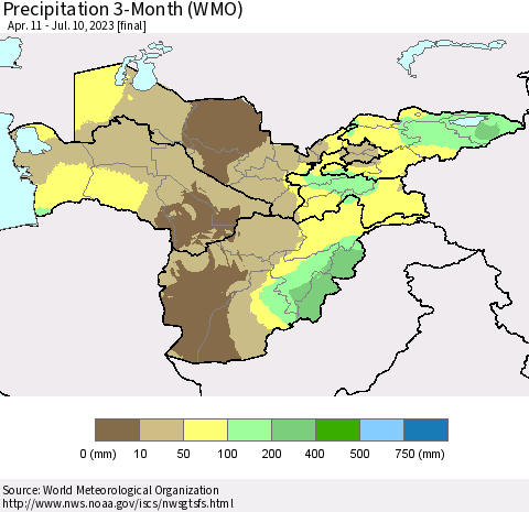 Central Asia Precipitation 3-Month (WMO) Thematic Map For 4/11/2023 - 7/10/2023