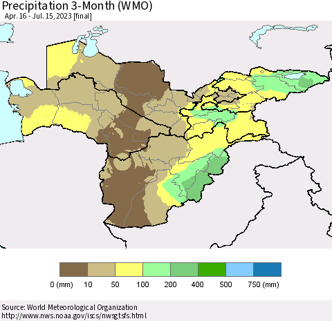 Central Asia Precipitation 3-Month (WMO) Thematic Map For 4/16/2023 - 7/15/2023