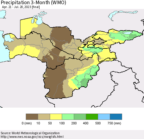 Central Asia Precipitation 3-Month (WMO) Thematic Map For 4/21/2023 - 7/20/2023