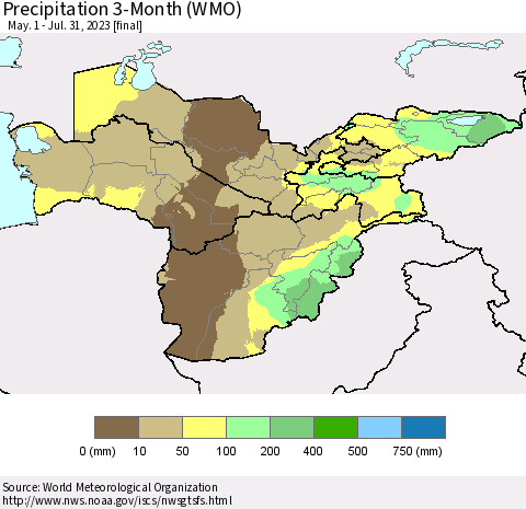 Central Asia Precipitation 3-Month (WMO) Thematic Map For 5/1/2023 - 7/31/2023