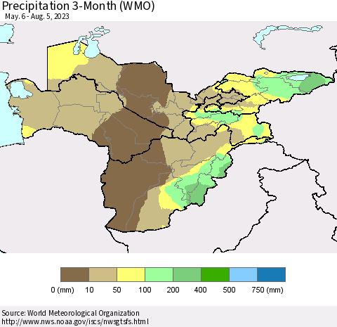 Central Asia Precipitation 3-Month (WMO) Thematic Map For 5/6/2023 - 8/5/2023