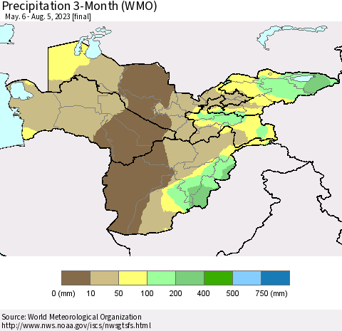 Central Asia Precipitation 3-Month (WMO) Thematic Map For 5/6/2023 - 8/5/2023
