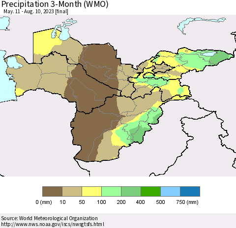 Central Asia Precipitation 3-Month (WMO) Thematic Map For 5/11/2023 - 8/10/2023