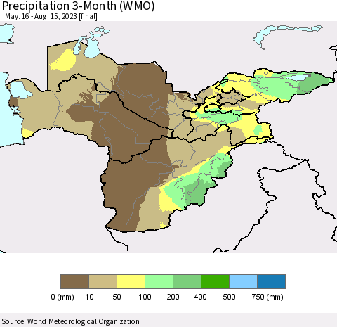 Central Asia Precipitation 3-Month (WMO) Thematic Map For 5/16/2023 - 8/15/2023