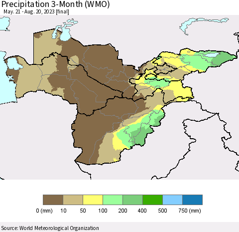 Central Asia Precipitation 3-Month (WMO) Thematic Map For 5/21/2023 - 8/20/2023