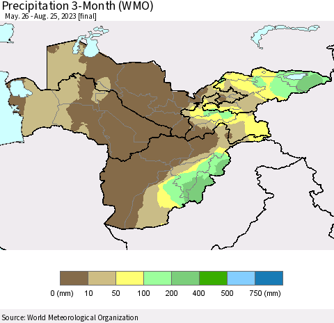 Central Asia Precipitation 3-Month (WMO) Thematic Map For 5/26/2023 - 8/25/2023