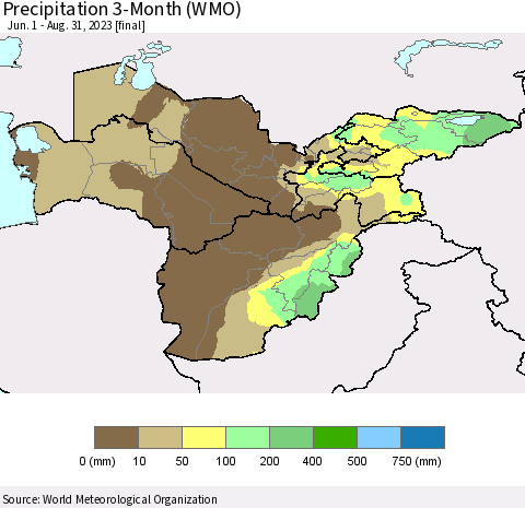 Central Asia Precipitation 3-Month (WMO) Thematic Map For 6/1/2023 - 8/31/2023