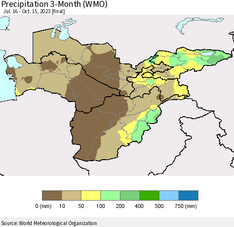 Central Asia Precipitation 3-Month (WMO) Thematic Map For 7/16/2023 - 10/15/2023