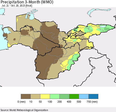 Central Asia Precipitation 3-Month (WMO) Thematic Map For 7/21/2023 - 10/20/2023