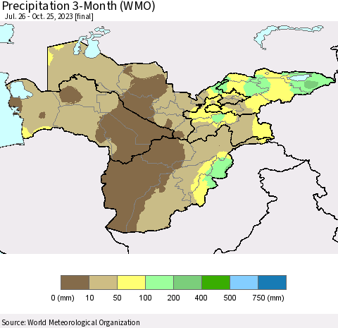 Central Asia Precipitation 3-Month (WMO) Thematic Map For 7/26/2023 - 10/25/2023
