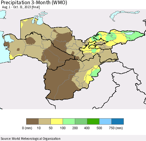 Central Asia Precipitation 3-Month (WMO) Thematic Map For 8/1/2023 - 10/31/2023